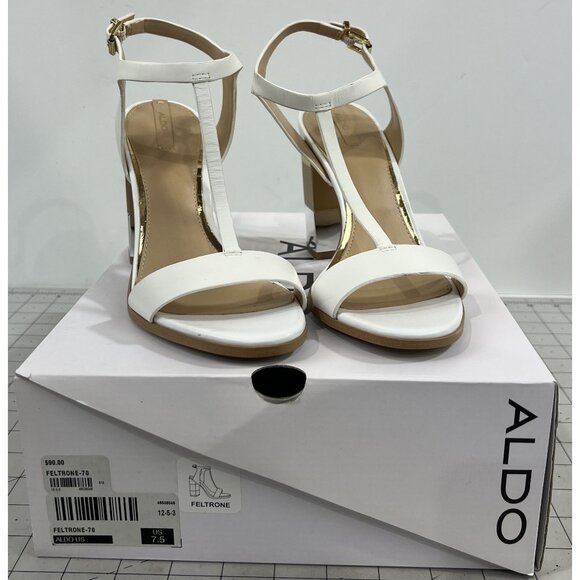 Aldo Women's Feltone-70 White Heeled Sandals Gold Accent Sz 7.5 With Box - Picture 1 of 9